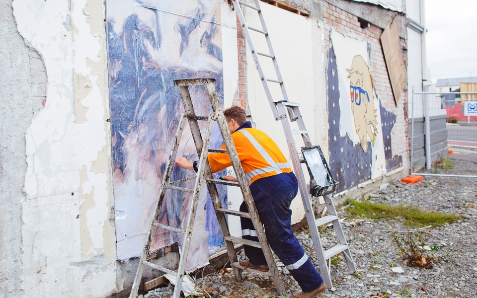 Mike Hewson: (During installation) - Victoria Mansions, Victoria St, Christchurch, NZ